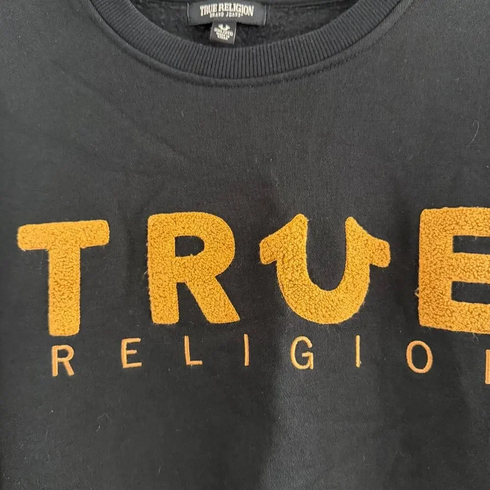 True Religion Black Chenille Logo Striped Hem Sweatshirt (Size 2XL - Runs Small)